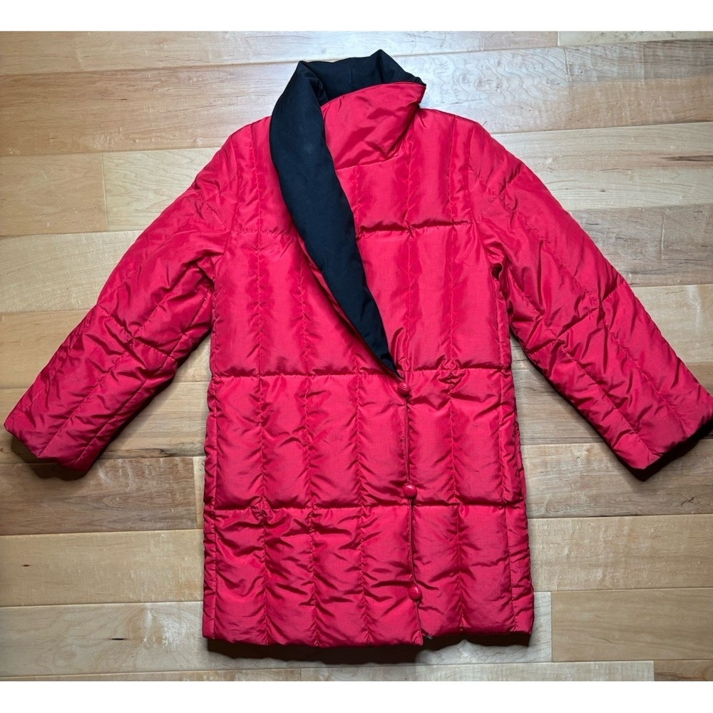 Vtg Bill Blass Red Down Coat Wmn 4 ‎ Asymmetrical Button Black Contrast Collar